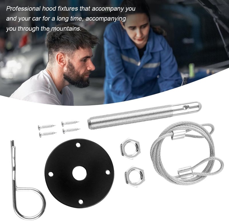 Sandfren Car Hood Pins Kit, Stainless Steel Vehicle Engine Pin Plate Bonnet Lock Clip, Modified Auto Racing Exterior Locking Latches Lanyard Rope Set for Reducing Shaking, Universal Fit (Black) - Image 4